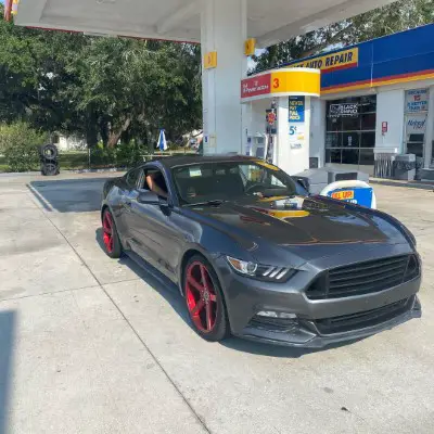 Red Color Rims on Grey Mustang Pictures