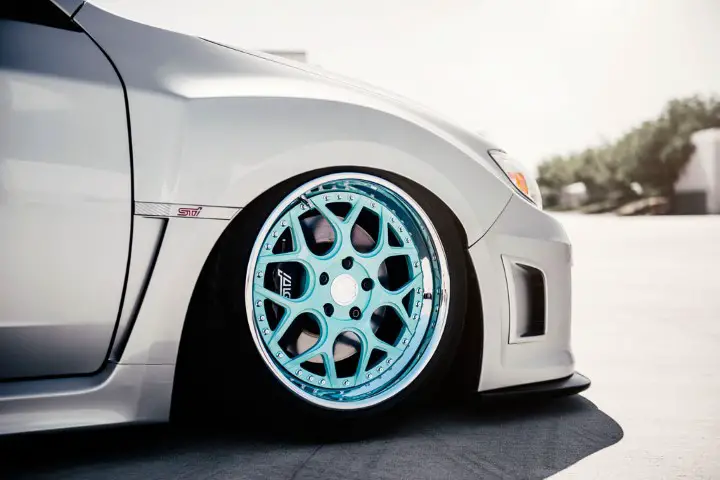 Tiffany Blue Rims on Silver Subaru WRX Sti by avangardewheels