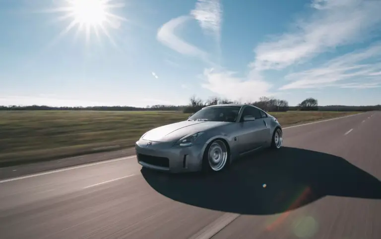Silver Nissan 350z under the Sun